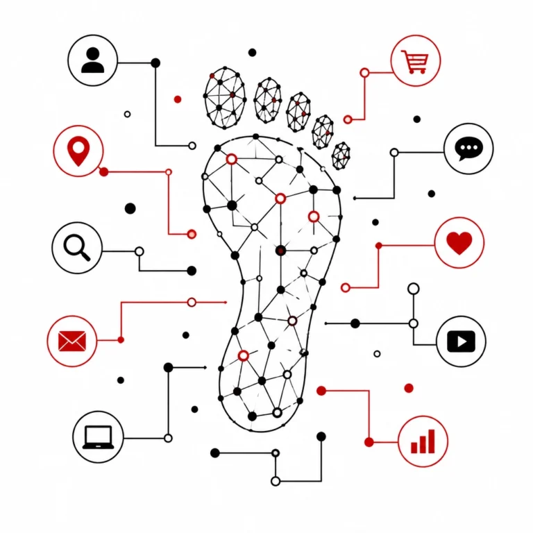 Icon illustration of a footprint made of connected network nodes surrounded by icons for location, search, email, chat, video, and analytics, representing a digital footprint