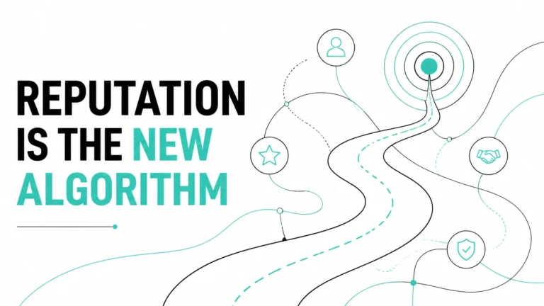 Illustration of a person icon connected by a winding path to a star, handshake, and checkmark shield with the text "Reputation Is the New Algorithm"