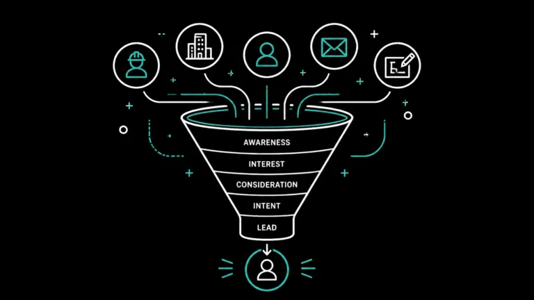 Marketing funnel diagram showing stages of Awareness, Interest, Consideration, Intent, and Lead, ending with a customer icon