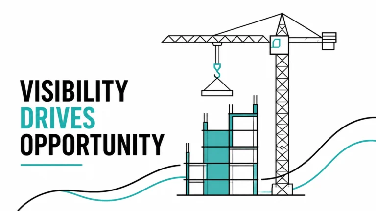 Illustration of a crane building a construction tower with the text "Visibility Drives Opportunity"