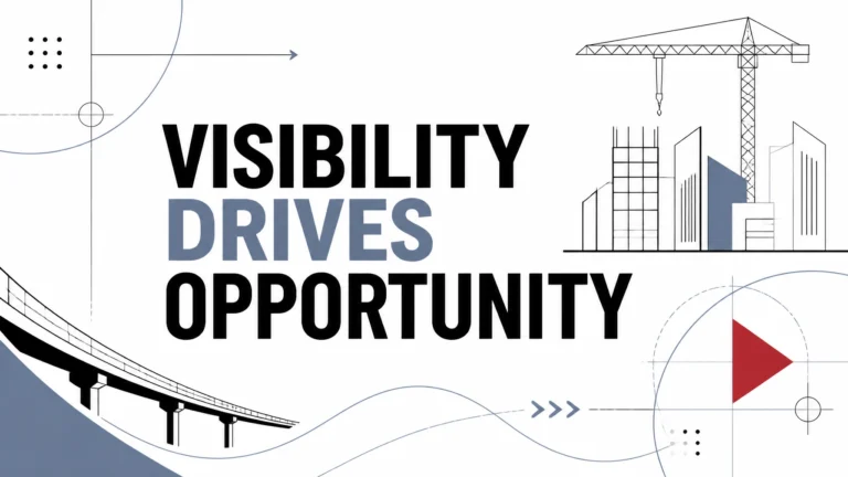 Illustration of a city skyline, bridge, and play button with the text "Visibility Drives Opportunity"