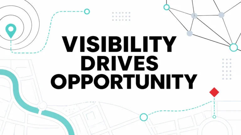 Illustration of a map pin, road, and connected network nodes with the text "Visibility Drives Opportunity"
