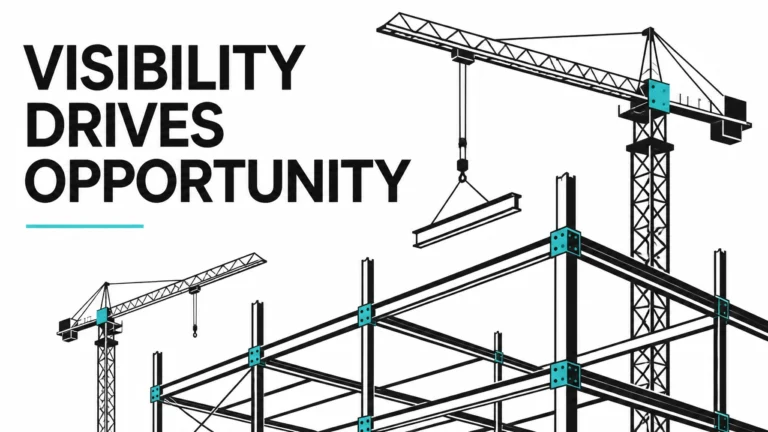 Illustration of a construction crane and steel building frame with the text "Visibility Drives Opportunity"
