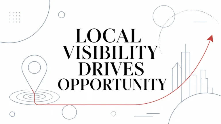 Illustration of a map pin and rising growth arrow toward a city skyline with the text "Local Visibility Drives Opportunity"